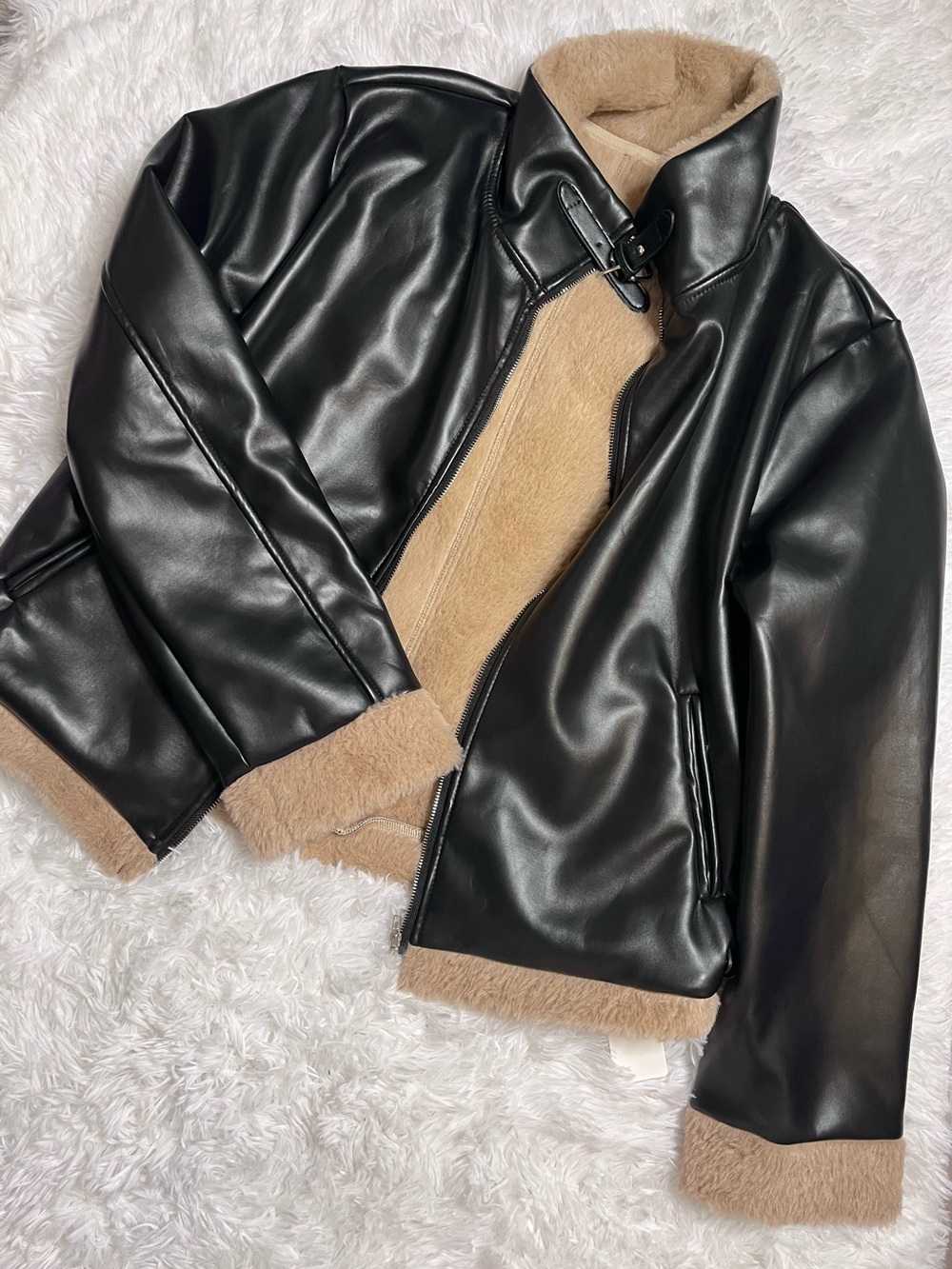 Black Faux Leather Bomber Jacket with Tan Shearling Trim